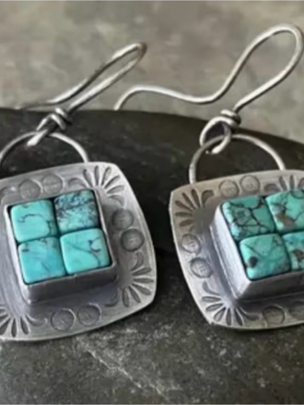 Turquoise Inlay Sterling Silver Square Dangle Earrings